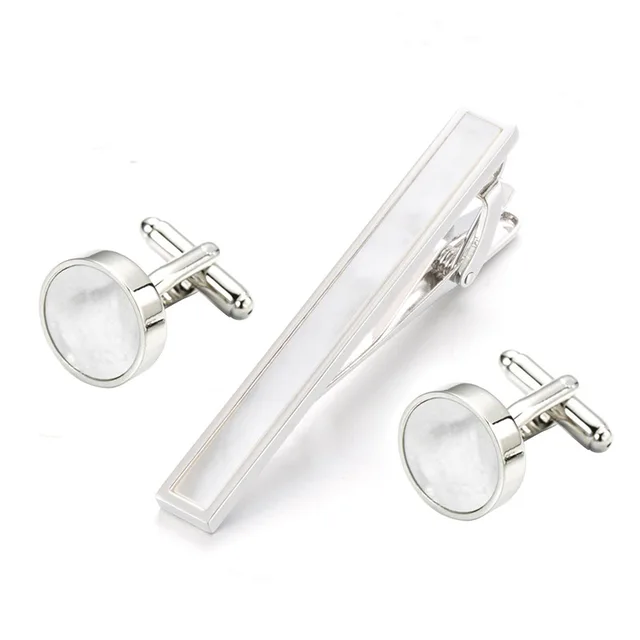 Wholesale Silver White Mother Pearl Shell Cuff Links Tie Clip Set Custom Business Suit Tie Bar Men's Wedding Fine Menswear