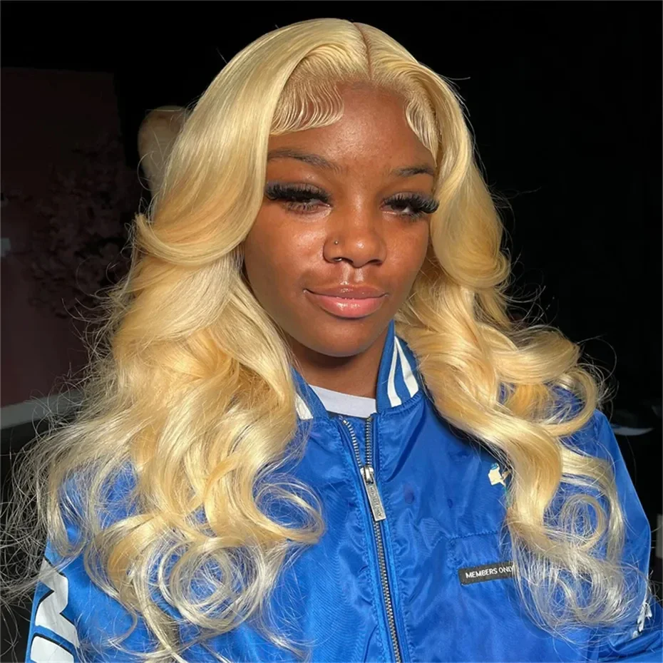 613 Loira Onda Corporal Peruca de Cabelo Humano Pré-cortado Fechamento de Renda Frontal Sem Cola 150% Densidade_voghion.com