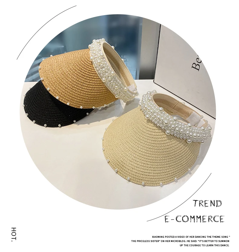 Custom Fashion Pearl Straw Hat Women's Summer Travel Vacation Empty Top Cap Sunscreen Sunshade Sun Visor Hat
