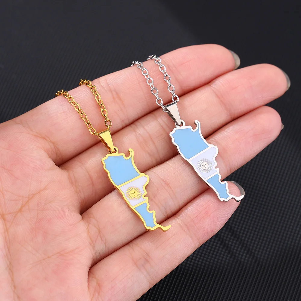 Manufacturer Enameled Stainless Steel Silver 18K Gold Plated Charm Necklaces Enamel Argentina Flag Map Pendant Necklace