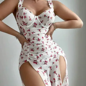 Women's Nightdress Mesh Print Split Fork Nightgown Pajamas Lingerie Dress Thong Two Piece Set