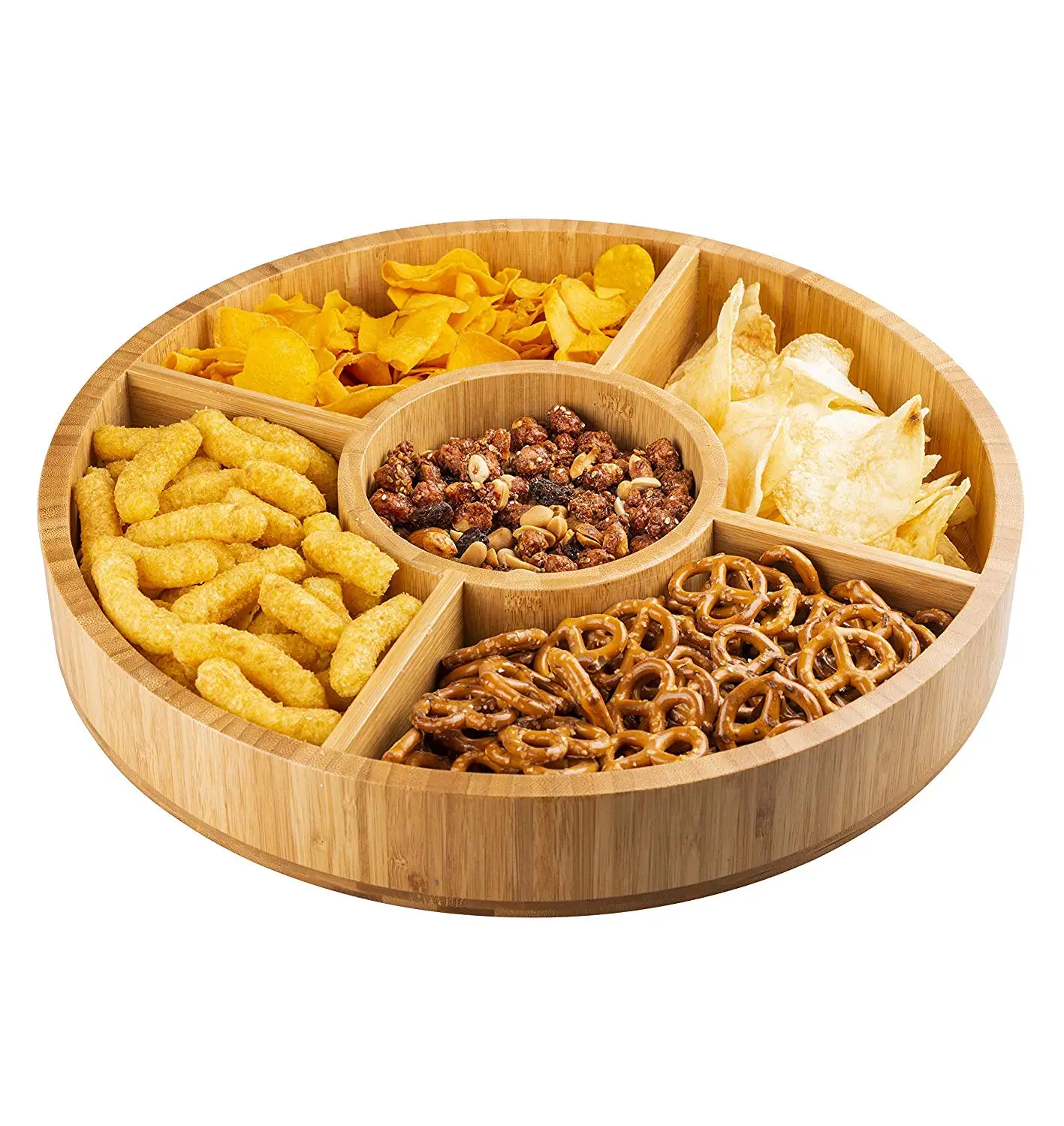 Natural Bamboo 5 Sectional Round Serving Tray Appetizer Serving Platter Food Storage Organizer for Dried Fruits, Nuts, Candies