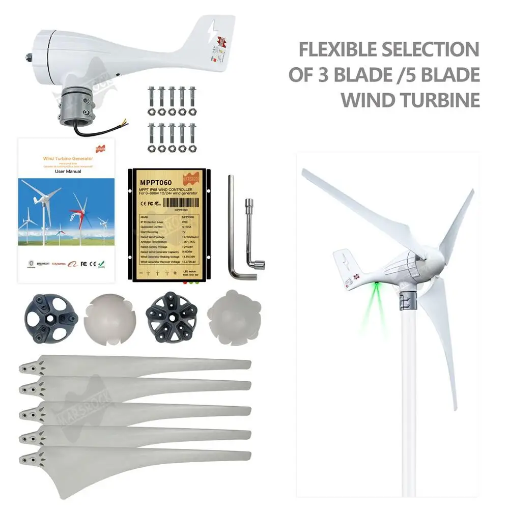 600W 12V 24V 3 Blades Residential AC Hawt Wind Mill Generator Wind  TurbineとFree MPPT Controller Charging Indicator LED