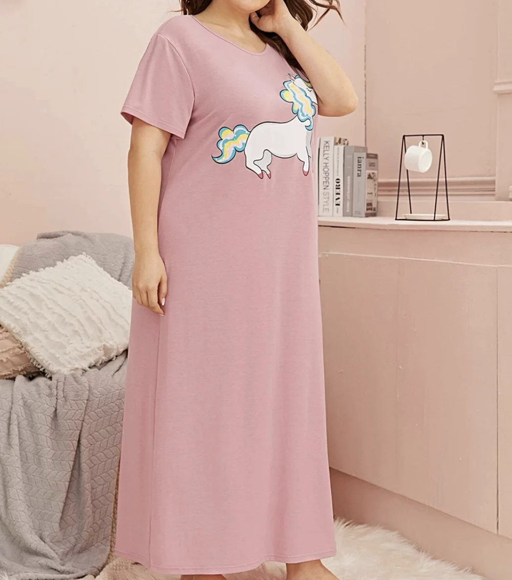 Cartoon Night Wear Sexy Night Dresses Women Pajamas Sleepwear Nightgowns  Plus Size Unicorn Print Women Night Dress, image size:1036x1172