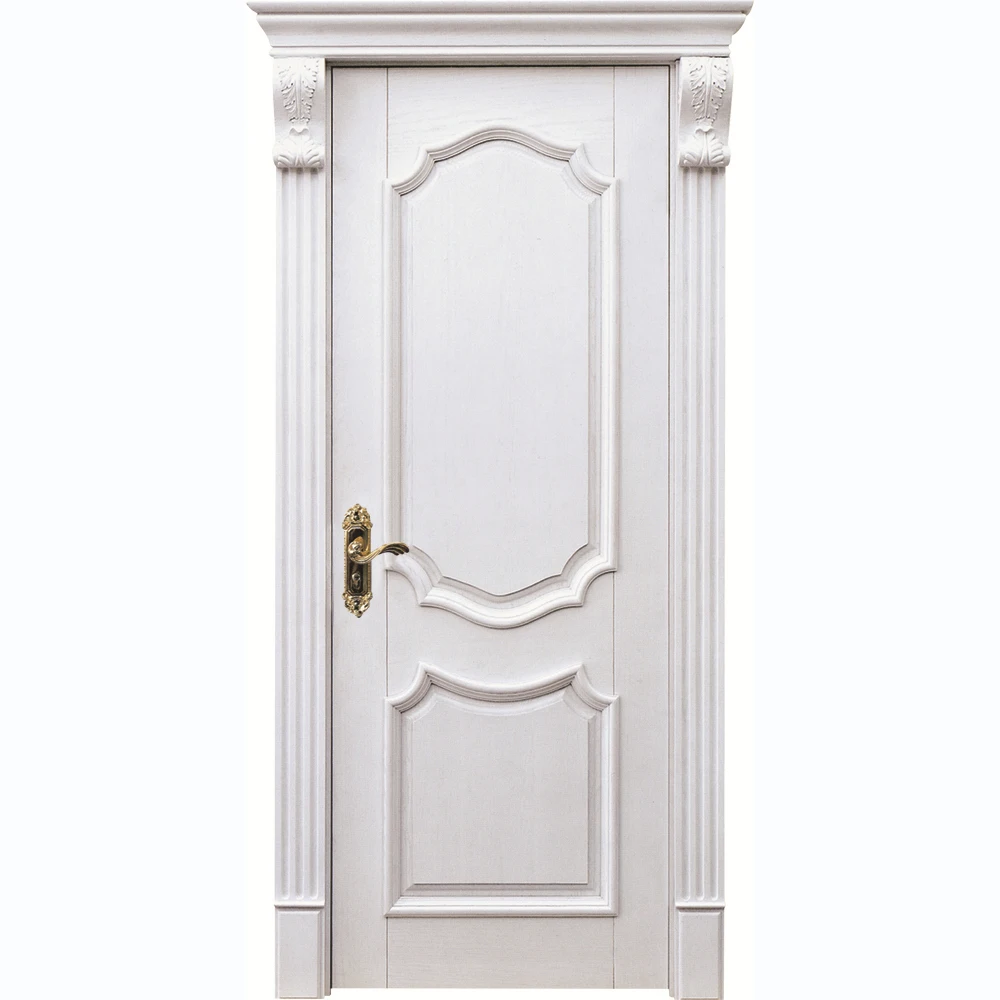 Custom Solid Wood Classic Style Door with Frame and Hardwares Interior Room White Wooden Door with Carved Pattern