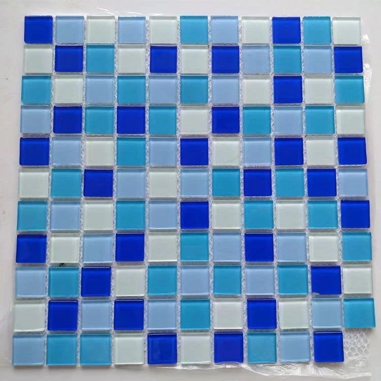 Three colors sky blue mixed glass mosaic tiles for bathroom wall and swimming pool