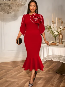 AM050754 AOMEI Half Sleeve Mermaid Night Wear for Christmas Day Red Ruffle Fishtail Dresses Big Flower