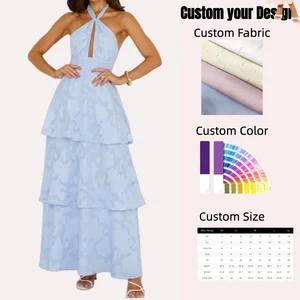 OEM Elegant Cross Front Bodice Detail Halter Strap Backless Evening Dresses Romantic Party Maxi Vacation Gown Ruffles Solid