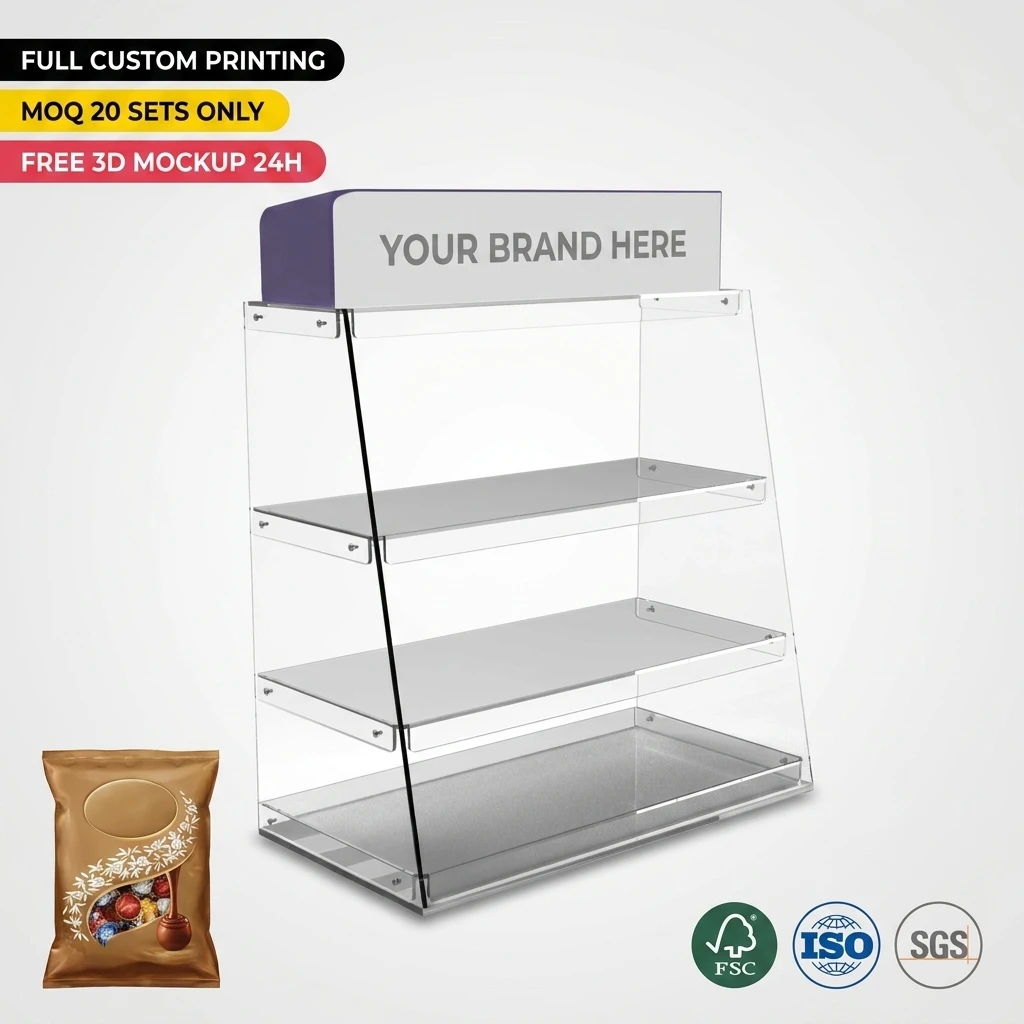 Wholesale Custom Clear Acrylic Chocolate Display Stand Tiered Countertop Confectionery Merchandiser Bakery Pastry Stand Pharmacy