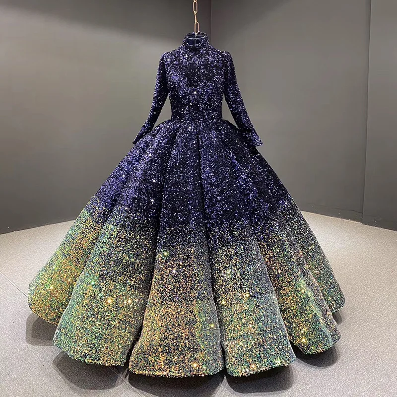 Fashion Colorful Sequin Evening Dresses 2020 Long Sleeve Ball Gown Design  Party Gowns for Lady Wear