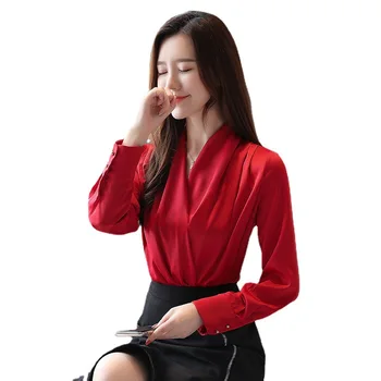 9 Color Satin V-neck Slimming Autumn Women's New Korean Long Sleeve Shirt Slim Red Satin Blouses