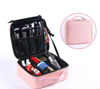 PU Leather Portable Makeup Bag Wiht Dividers Professional Travel Bag Customize Color High Quality Pink Plain Zipper Make up Bag