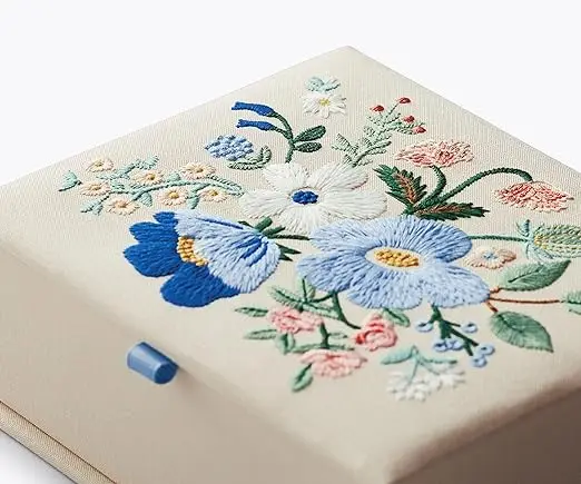 Blue Medium Embroidered Keepsake Box With Design Pattern Storage Photo Card Hand Embroidery Fabric Covered Jewelry Box