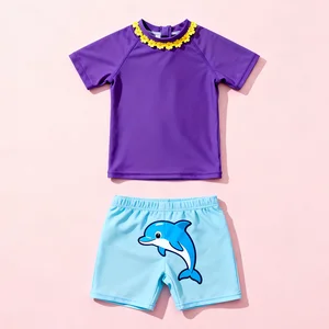 Oeko Tex Custom Boys Swimwear Set Kids Two-Piece Rash Guard and Shorts Short Sleeve UV Protection Swimsuit for Baby