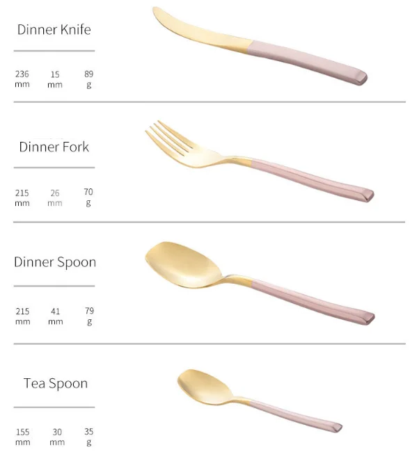 Golden stainless steel steak knife, fork and spoon set of 4 pieces