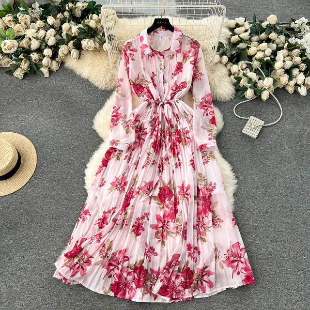 ZT1249 2024 early spring new French style shirt collar tie waist long chiffon pleated skirt print dress