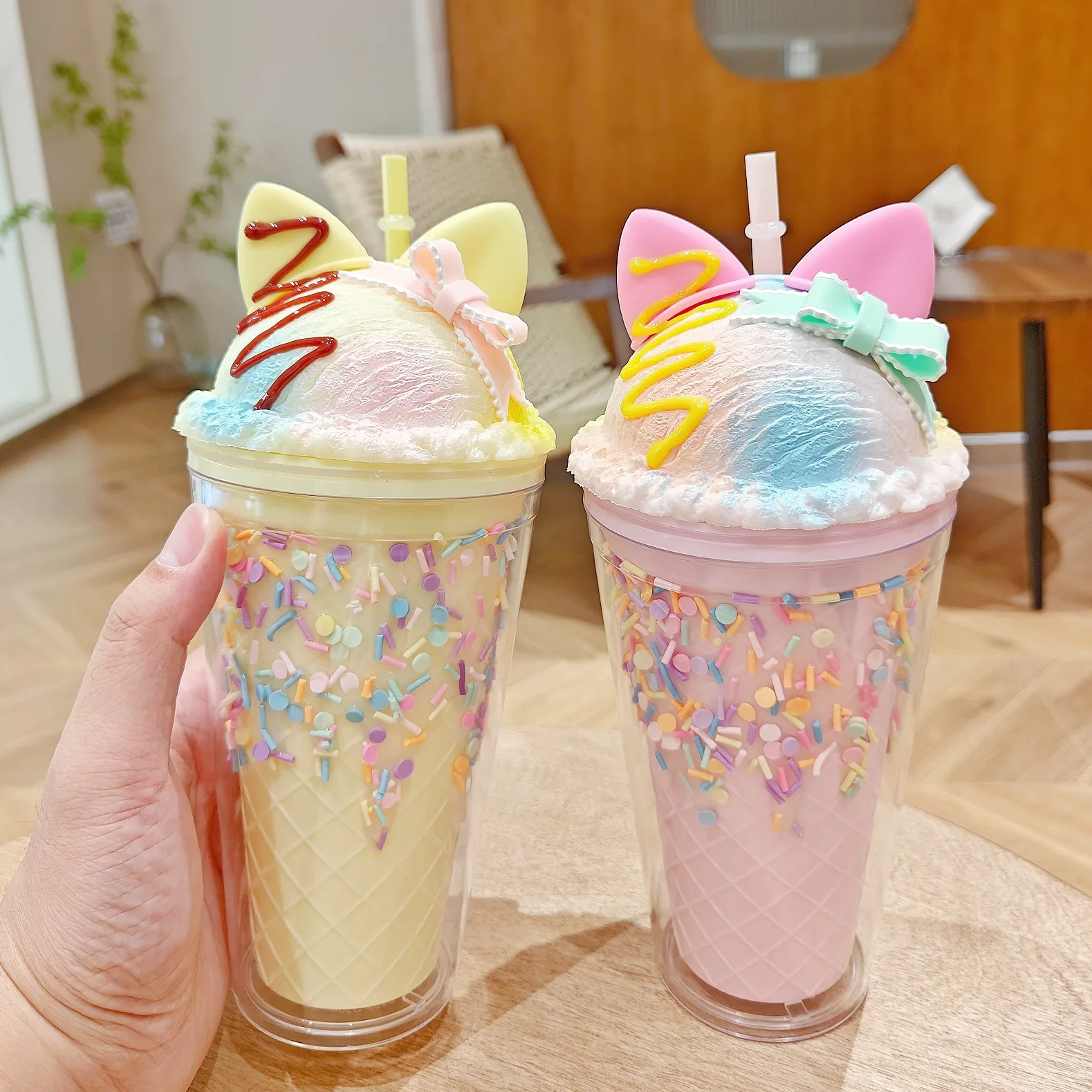 Cute Drinking Cup Creative Straw Interesting Children and Girls Summer Ice  Cream Transparent Double Layer Plastic Gift Bottle