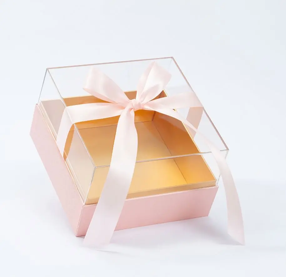 20 X 20 X 13 Cm Pink Acrylic Gift Box With Ribbon Lucite Lid