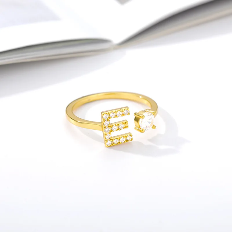 RSM005 Adjustable Stainless Steel Finger Ring with Gold Plated Oval Cut Diamond Initial Initial 'A' Ring