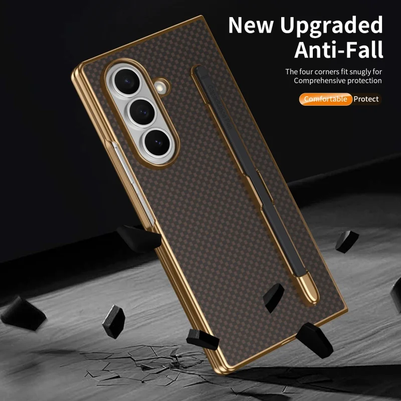 Business Plating Carbon Fiber Texture Phone Case for Samsung Z Fold 7 6 5 4 3 With Stylus Tempered Glass Film Shockproof Cover