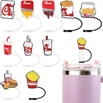 8mm Silicone Reusable Drinking Food Straw Toppers For Tumbers Wholesale Hamburger Fried Chicken Straw Topper Charms