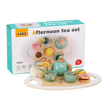 Wooden simulation children play house afternoon tea double layer cake tea pot mini kitchen early education toys set