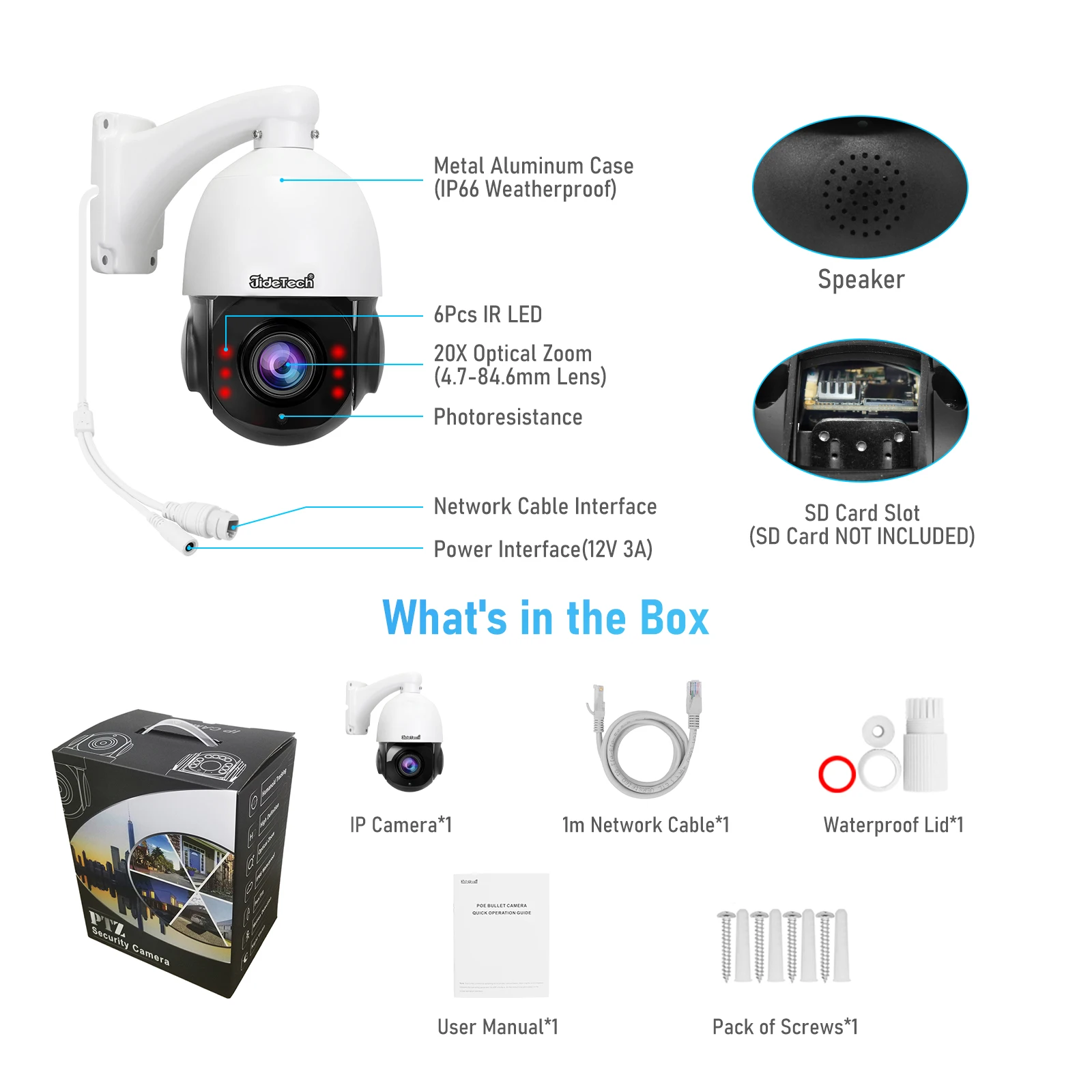 JideTech 5MP POE PTZ Outdoor Network Camera 20X Optical Zoom with Night  Vision Humanoid Detection IP Security IP66 Waterproof