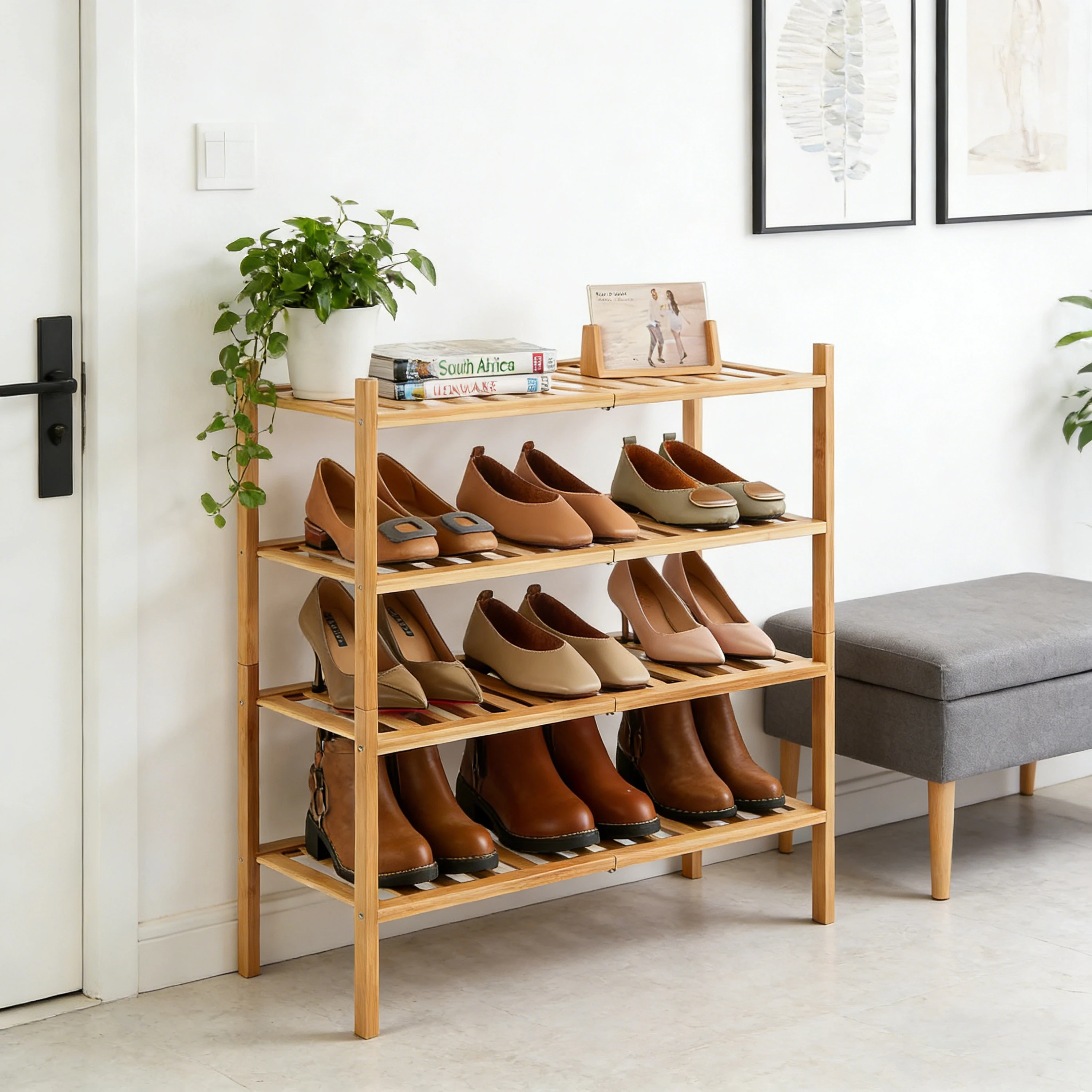 4-Tier Bamboo Shoe Rack Expandable Shoe Organizer for Entryway Closet Shoe Organizer for Shoes & Decor Stackable for Hallway