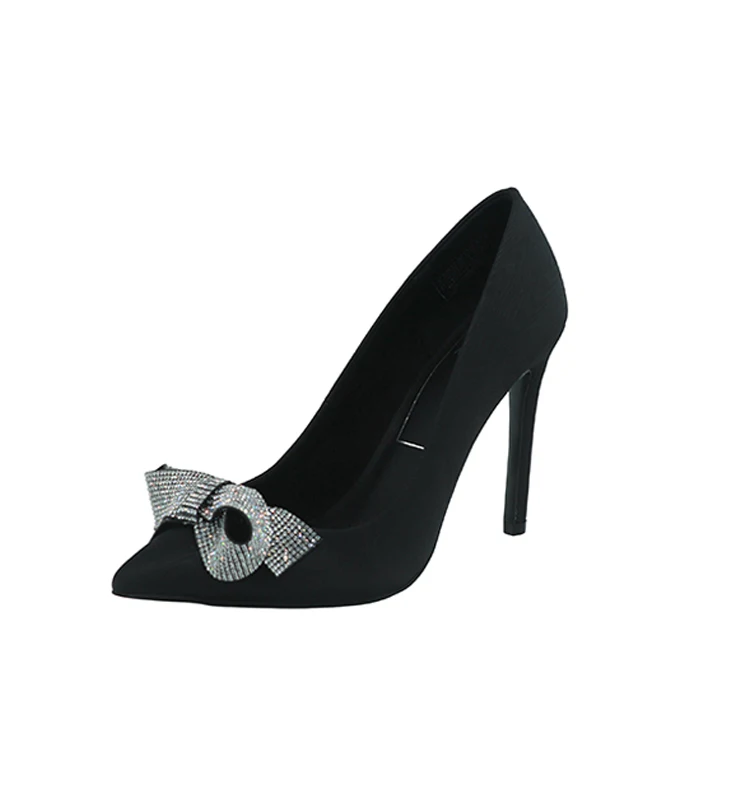 Rhinestone embellished High Heel with bow -black
