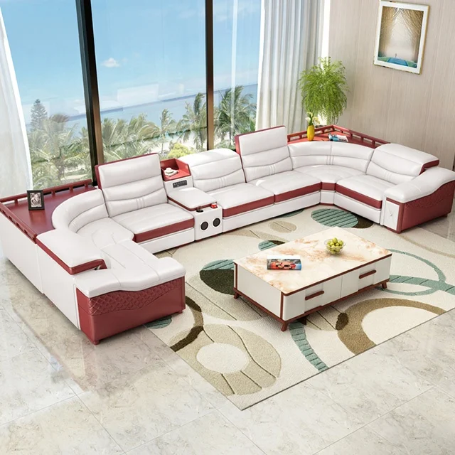 Dedao Factory Modern Design Sofa Multifunctional Adjustable Height USB Interface U Shape Leather Living Room Sofa Set Furniture