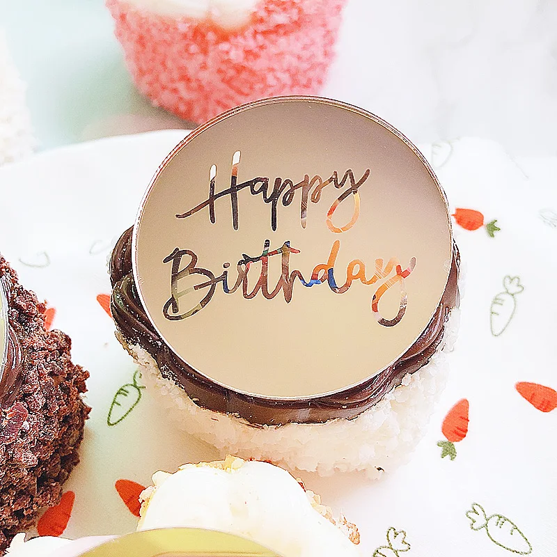 20 Dischi Decorativi Per Torta E Cupcake In Acrilico Dorato Con Scritta Happy Birthday - 5 Cm
