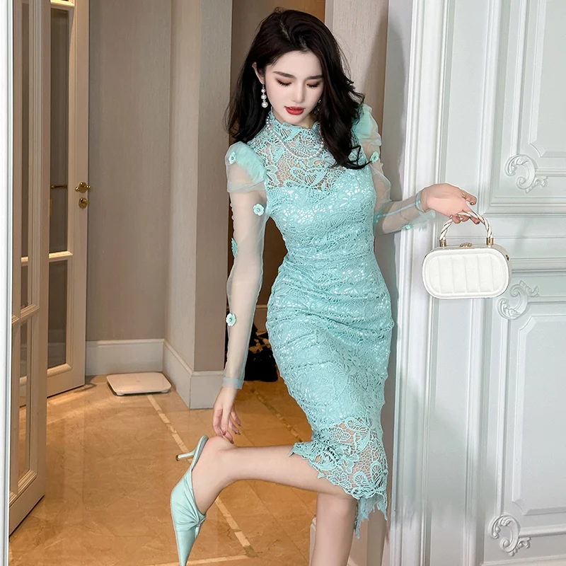 ZYHT 10841 Stand Collar Knee Length Crochet Vintage Royal