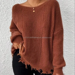 Women's Autumns Fashion Versatile Knitted Pullover Sweater Solid Color Tassels Long for Europe United States Cross-Border Amazon