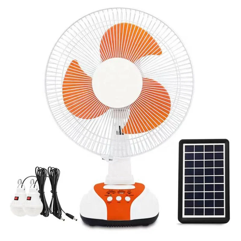 12V AC/DC Charging LED Light USB & Solar Powered 16/14/12 Inch Desk Fan Electric Table Fan with Plastic Plate for Outdoor Use