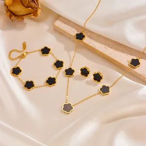 Trend Stainless Steel Shell Clover Jewelry Set Necklace Bracelet Earrings Set Women Girl Gold Plated Jewelry Set for Gift
