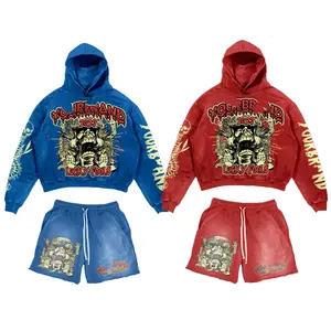 High Quality Custom logo Vintage Hoodies and Shorts Sets Pullover Acid Wash DTG Print Hoodie Hip Hop Sun Faded Kids Tracksuit