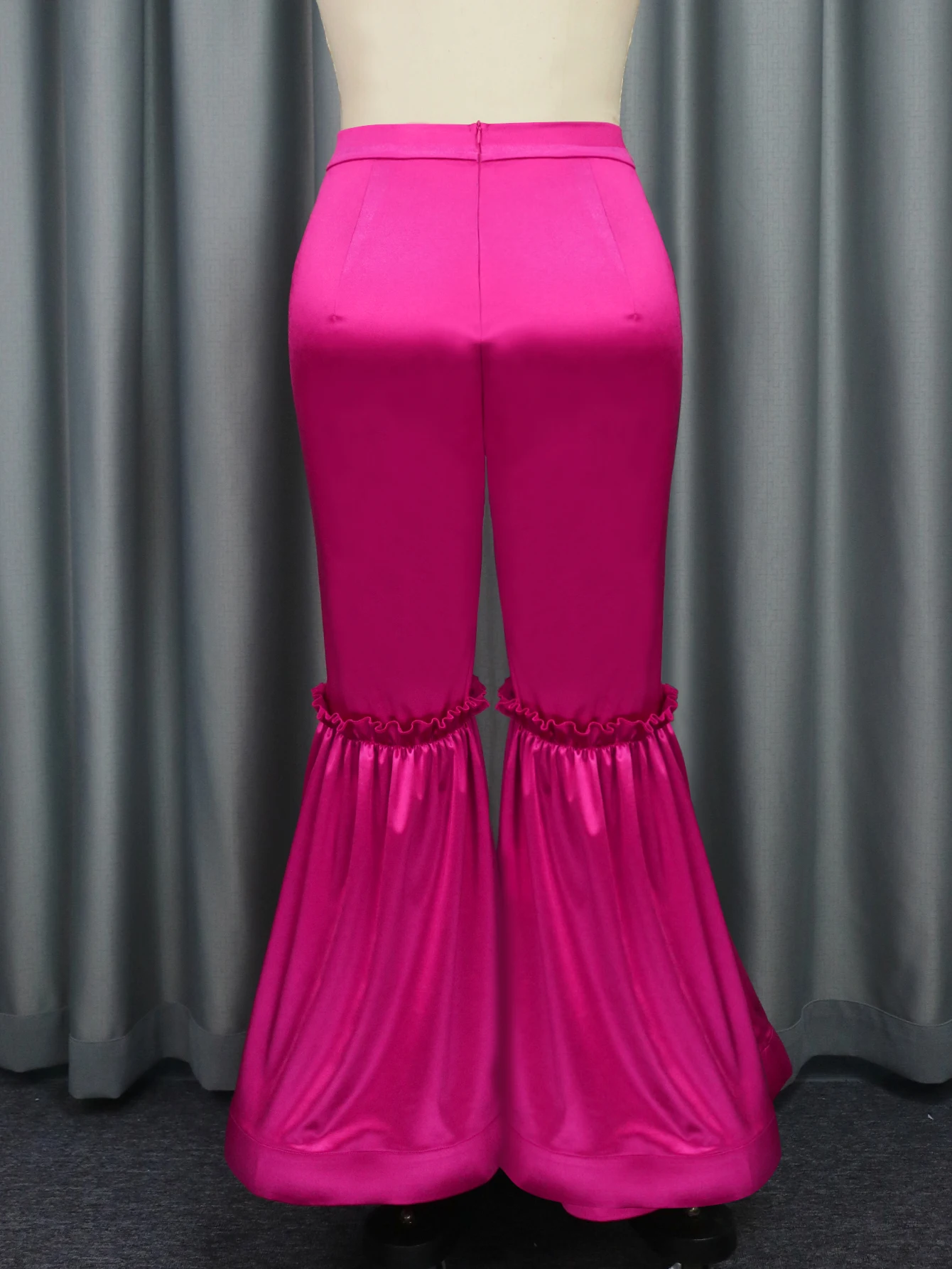High Waist Autumn Ruffle Patchwork Hot Pink Satin Pants