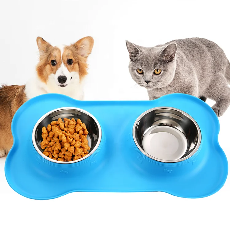 Stainless Steel Double Pet Bowls Dog Cat Water Food Non Slip Feeding Station 