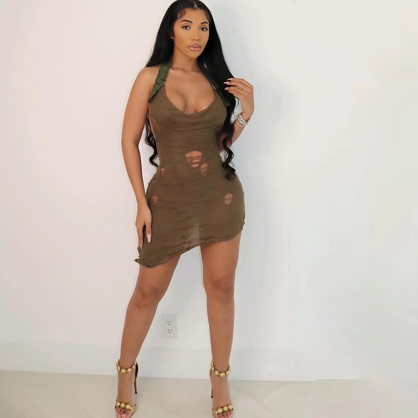 Bomblook C119DS 2024 Spring Sexy Outfits Halter Draped Dress for Women Hollow Out Mini Bodycon Knitted Irregular Dress