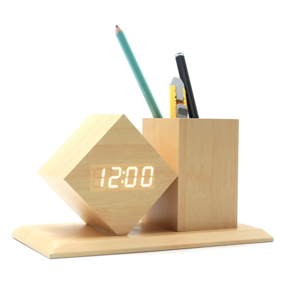 Laser Cut Pen Holder with Clock, Office Product, Desk Clock