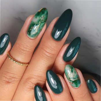 24pcs/set High quality Dark green emerald Design Nails Press  nails tipc curve elegant design press on nails