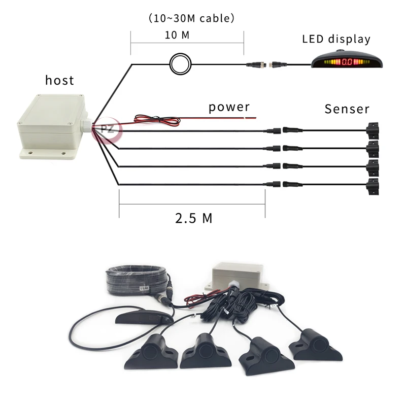 Automatic Digital Waterproof Truck Bus Alarm Parking Sensor System 4 Probes Long Range Detection with Buzzer Car Reversing Aid