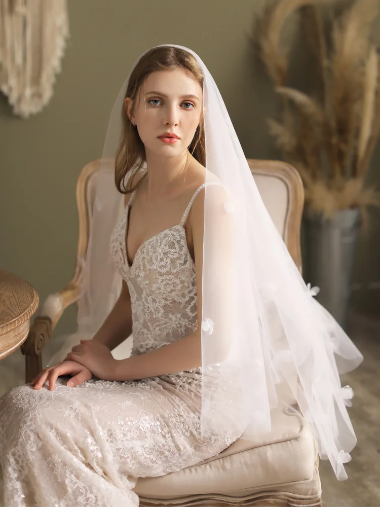 Super Fairy Double Layer Bridal Veil Hand-Sewn Flower Bow Soft Long Wedding Head Veils