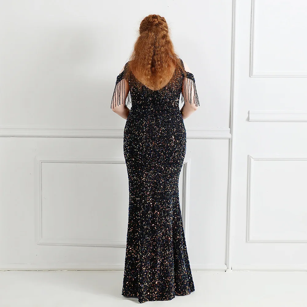New Women Black Sequin Elegant V Neck Beading Party Maxi Dress Long Prom  Dress Plus Size Evening Dresses