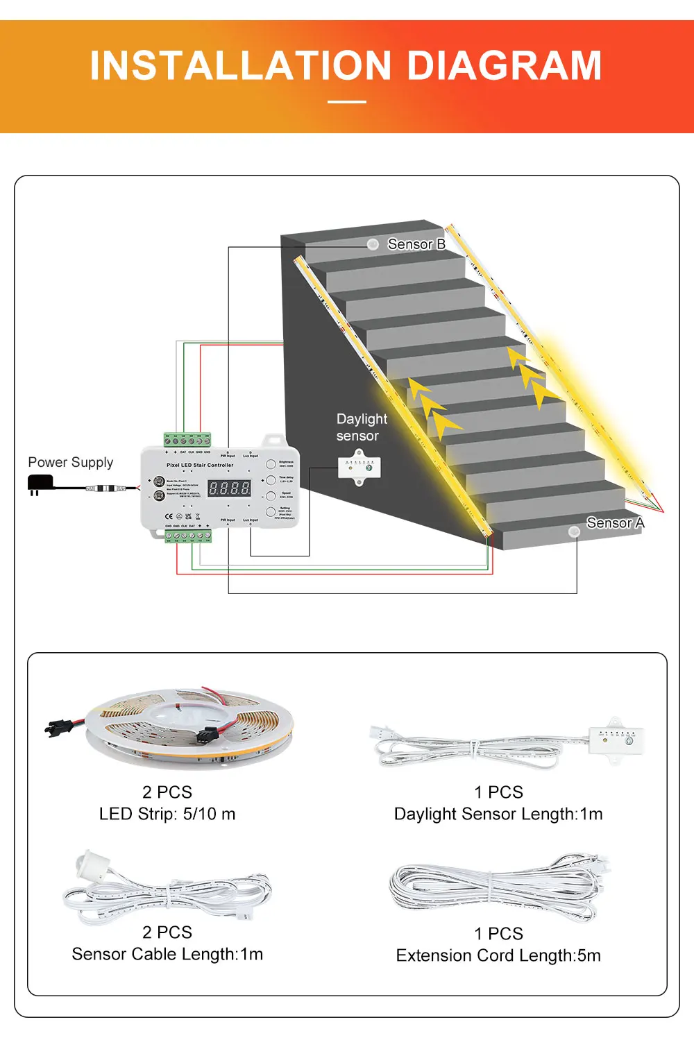 Pixel Led Stair Lighting Controller Set With Daylight Sensor And Single