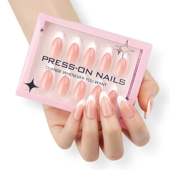 30 pcs pink French white-edge high-end short almond nail pieces almond shape Acrylic Press On Nails customize false nails GD30