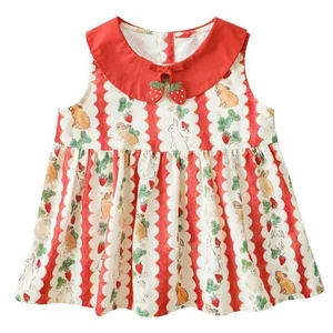 Summer High Quality 100%Cotton Children Red Pattern Dress Flowers Sleeveless&Peter Pan Collar Dress Little Girls Floral Dresses