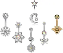 6Pcs Sexy Stainless Steel Belly Button Rings Not Allergic Women's Bee Butterfly Flower Clip Navel Ring Piercing Wholesale Gift