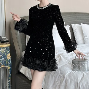 ZYHT 21602 Custom Winter Autumn Spring Elegant Ladies a Line Flower Shape Black Short Mini Dress for Women Clothing Manufacturer