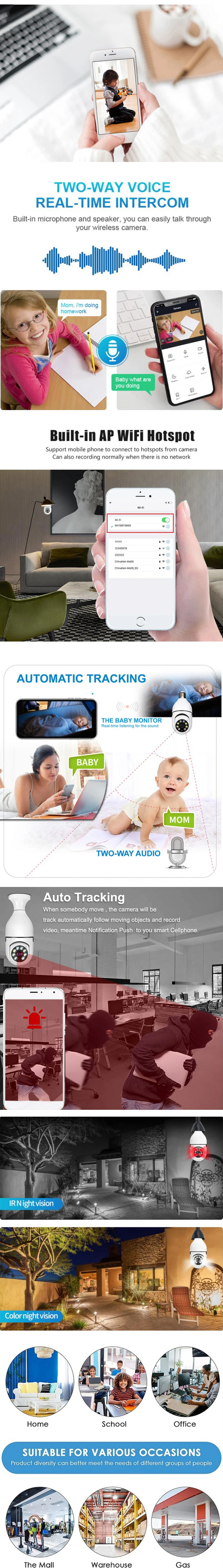 ABE HD 1080P night vision bulb camera indoor automatic tracking security baby 90 degree 360 degree camera PTZ WiFi bulb camera